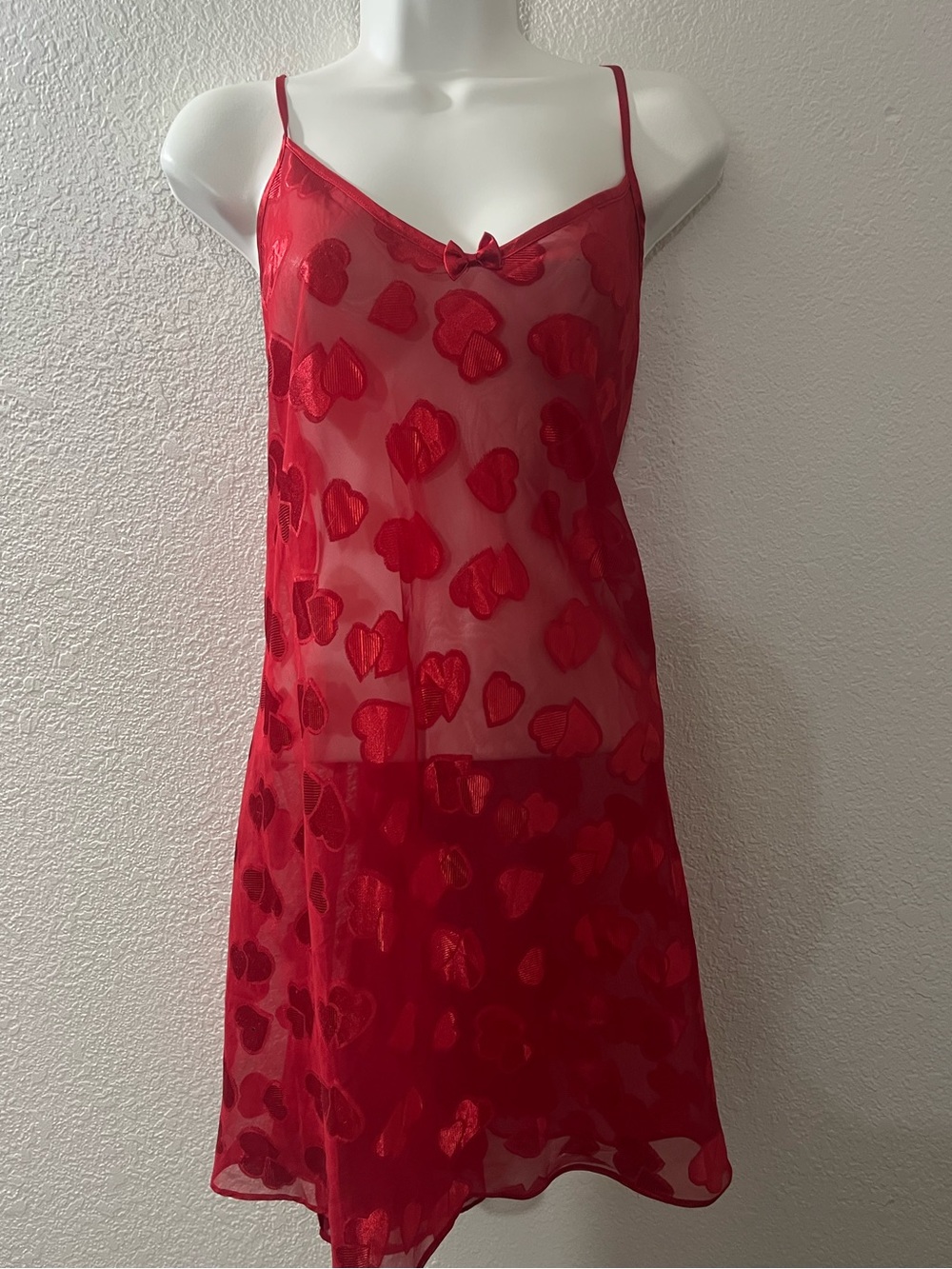 Frederick's of Hollywood Red Sheer Heart-Pattern Slip